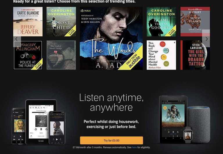 3 months of Audible for 99p (selected accounts) @ Amazon