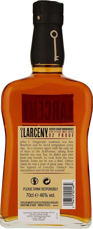 John E. Fitzgerald(Heaven Hill) Larceny Straight Wheated Bourbon Whisky 46% ABV 70cl £34.99 @ Amazon