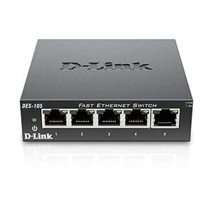 D-Link DES-105/B 5 Port Fast Ethernet Metal Desktop Switch, Hub, Internet Splitter, Metal, Fanless, Plug and Play - UK Model