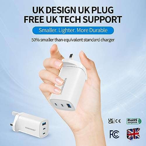 SUMVISION 65W USB C Compact Wall Fast Charger Plug Adapter 3 Port GaN PD PPS - £19.79 with voucher - E Global FBA