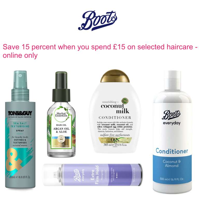 15% Off When You Spend £15 On Selected Haircare (online only) + Free Click & Collect Over £15 (otherwise is £1.50) - @ Boots