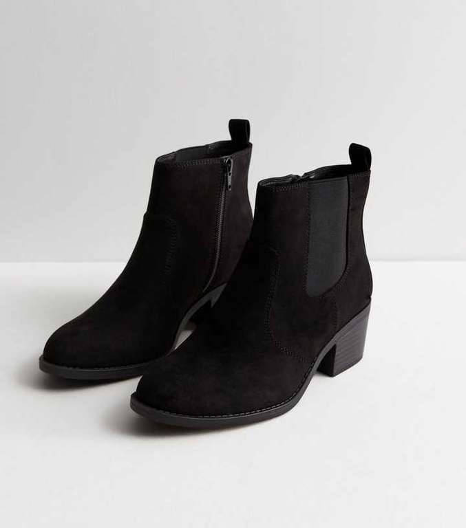 Wide Fit Black Suedette Block Heel Chelsea Boots | hotukdeals