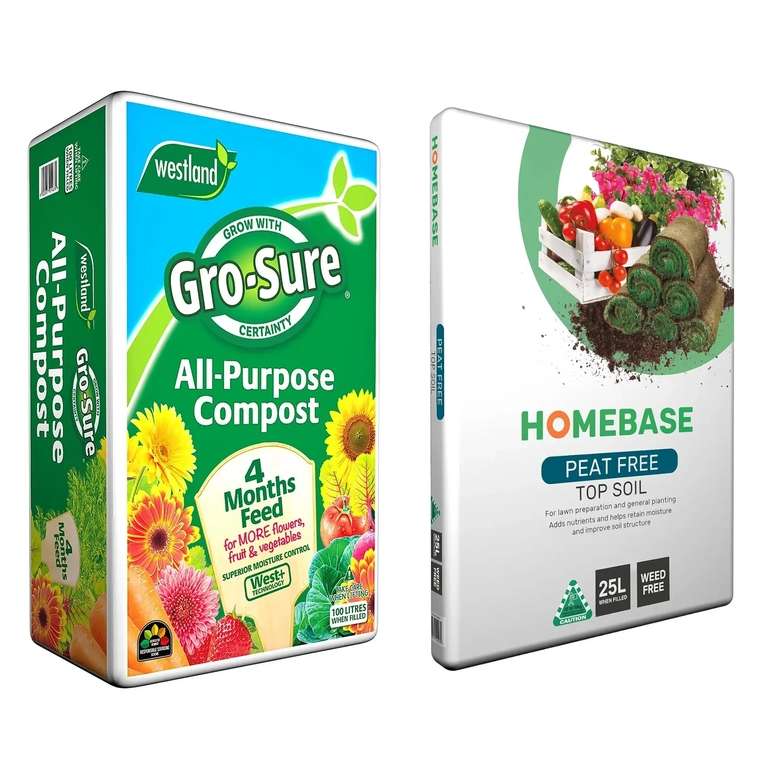 Gro- Sure All-Purpose Compost 100L for £6.45 / Homebase Top Soil 25L for £1.95 (free collection) @ Homebase