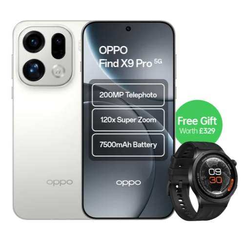 OPPO Find X9 Pro 5G Smartphone, 6.7" AMOLED 120Hz Display, 16GB RAM 512GB + Free Watch X3 Smart Watch