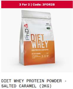 2 kg PhD Diet Whey Protein Powder: Vanilla Créme, Salted Caramel, & Belgian Chocolate 3 for price of 2 with discount code @ PhD Nutrition