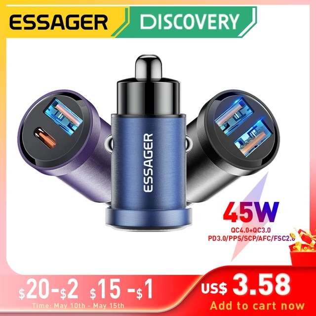 Essager 45W USB Car Charger Quick Charge 4.0 QC PD 3.0 SCP 5A USB Type C - £1.03 Delivered @ aliexpress / essager official