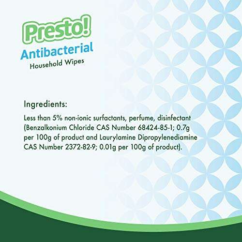 Presto! Biodegradable Antibacterial Wipes, 252 wipes (42x6 packs) £6.31/£5.99 Subscribe & Save £4.10 after 20% Voucher on 1st S&S @ Amazon