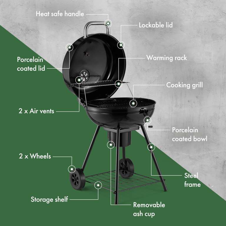 VonHaus Charcoal BBQ 22.5" – Portable Kettle Barbecue with Warming Rack, Temp Gauge, Removable Ash Cup, With 25% Voucher Sold By Von Haus