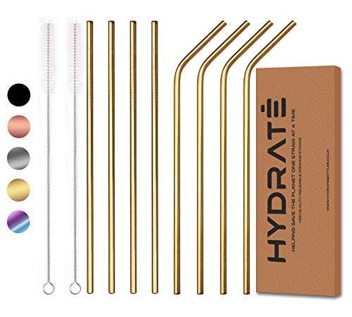 HYDRATE Stainless Steel Straws, Reusable, Eco Friendly, BPA Free Metal Straw (Pack of 8) - W/Voucher sold by Hydrate Bottles Shop
