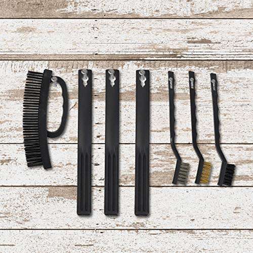 Relaxdays Cleaning Brushes, 7 Piece Set, with Handle, Metal, Brass, Nylon, Steel, Bristle, Black
