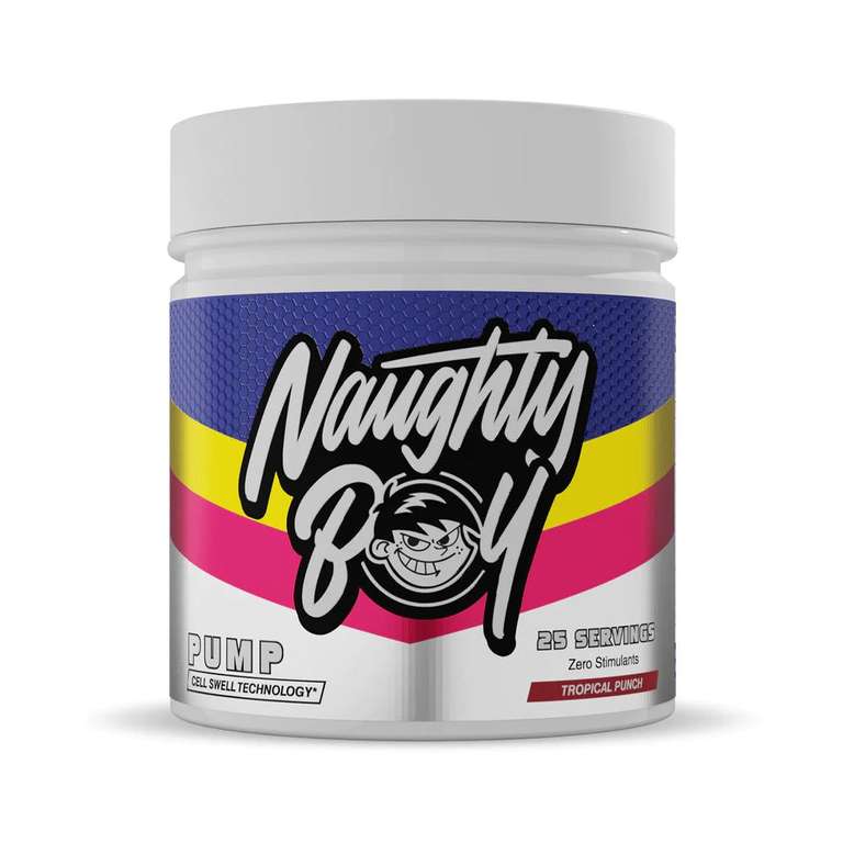 Naughty Boy Pump Stimulant Free Pre Workout (25 Servings) with free promotional shaker bottle - T-Nutrition