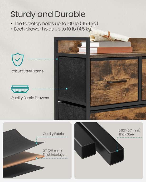 SONGMICS Chest of Drawers, Bedroom Cabinet, 5 Fabric Drawers with ...