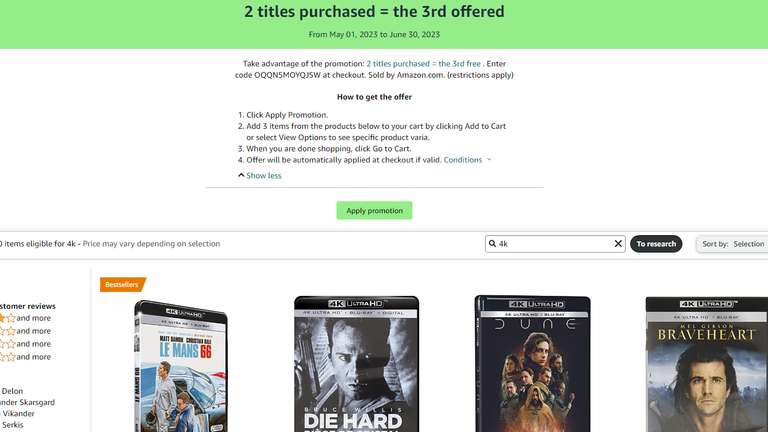 3 for the price of 2 on selected 4k, Blu-ray & DVD e.g. Blade Runner, Inception + The Goonies for £29.16 @Amazon France
