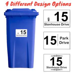 4x Wheelie Bin Stickers Customised with House Number & Street Name in 4 Design Options - A6 Size - Sold by Discount Store oneover0