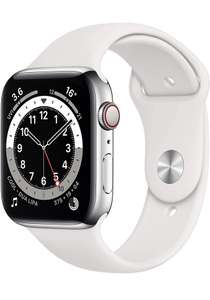 Apple Watch Series 6 GPS + Cellular, 44mm Silver Stainless Steel Case with White Sport Band - Regular £467.23 at Amazon