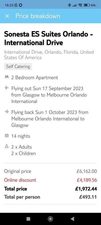 Orlando, flying from Glasgow, 14 NIGHTS, (2 Adults, 2 Kids), Sonesta ES Suites I drive
