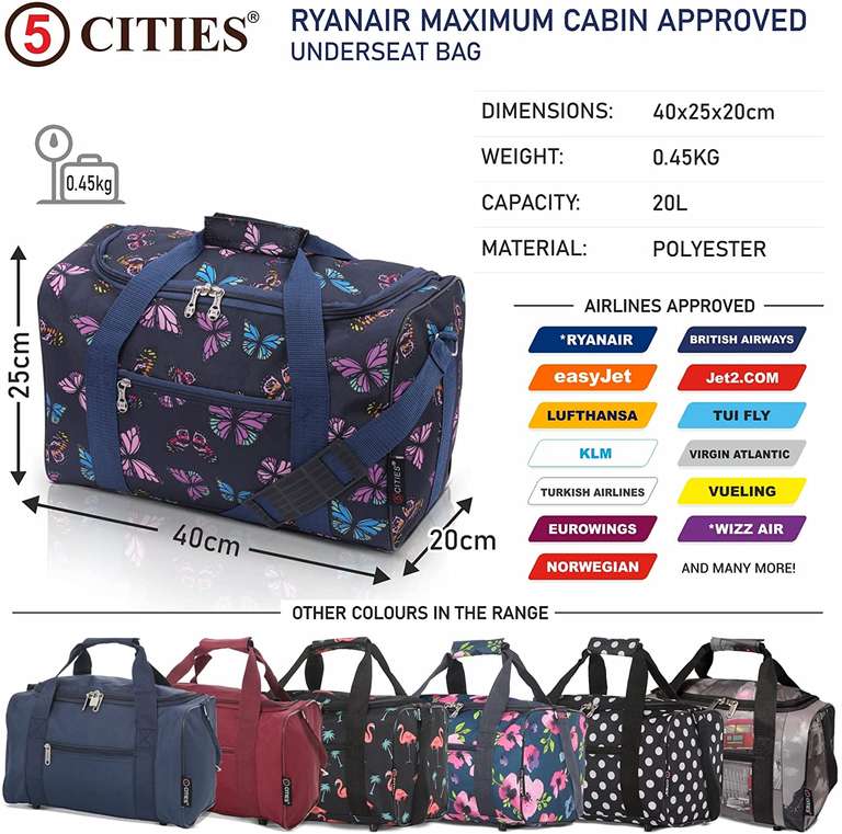 5 Cities (40x20x25cm) Ryanair Maximum Hand Luggage Holdall Flight Bag, Under Seat Cabin Holdall – £11.99 at Travel Luggage Cabin Bags