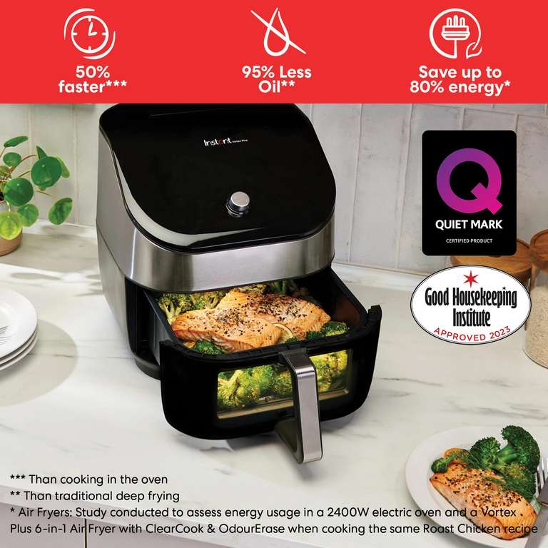 Instant Vortex OdourErase Digital Air Fryer with Single ClearCook Drawer & 6 Smart Programs, Large Capacity, Stainless Steel - 5.7L - 1700W
