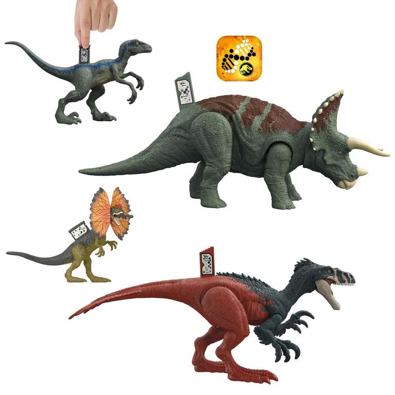 Jurassic World Dominion Survival Instincts 4 Dinosaur Set: Roar Strikers Megaraptor & Triceratops, Blue, Dilophosaurus