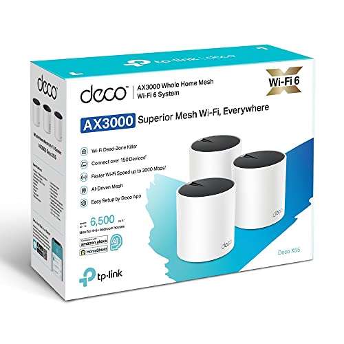 TP-Link Deco X55 AX3000 Whole Home AI-Driven Mesh Wi-Fi 6 System, Three Gigabit Ports, Coverage up to 6,500 ft2, Pack of 3 £184.99 @ Amazon