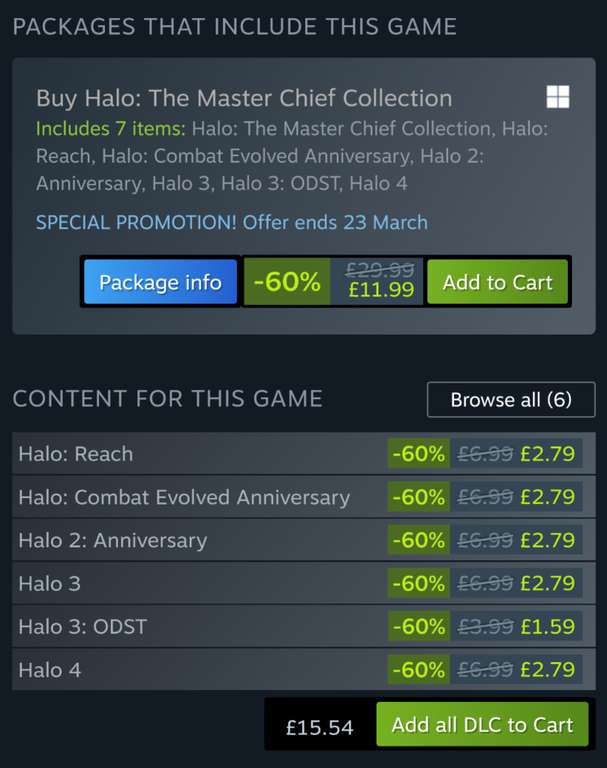[PC] Halo: The Master Chief Collection - £11.99 / Separate Games - £2.79 each - PEGI 18 @ Steam