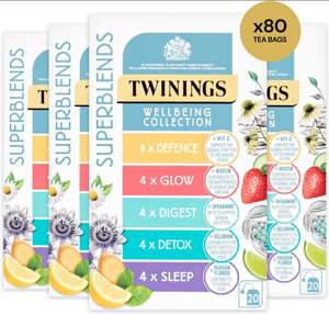 Twinings Superblends Wellbeing Collection 4x20 - Defence, Glow, Digest, Detox & Sleep Tea Bags, (£6 with 10% S&S & 15% first S&S Voucher)