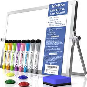 Nicpro Dry Erase A3, 40 x 30 cm Double Sided Small Magnetic Desktop Whiteboard with Stand, 8 Pens, 1 Eraser, 4 Magnets Sold by NicproShop EU