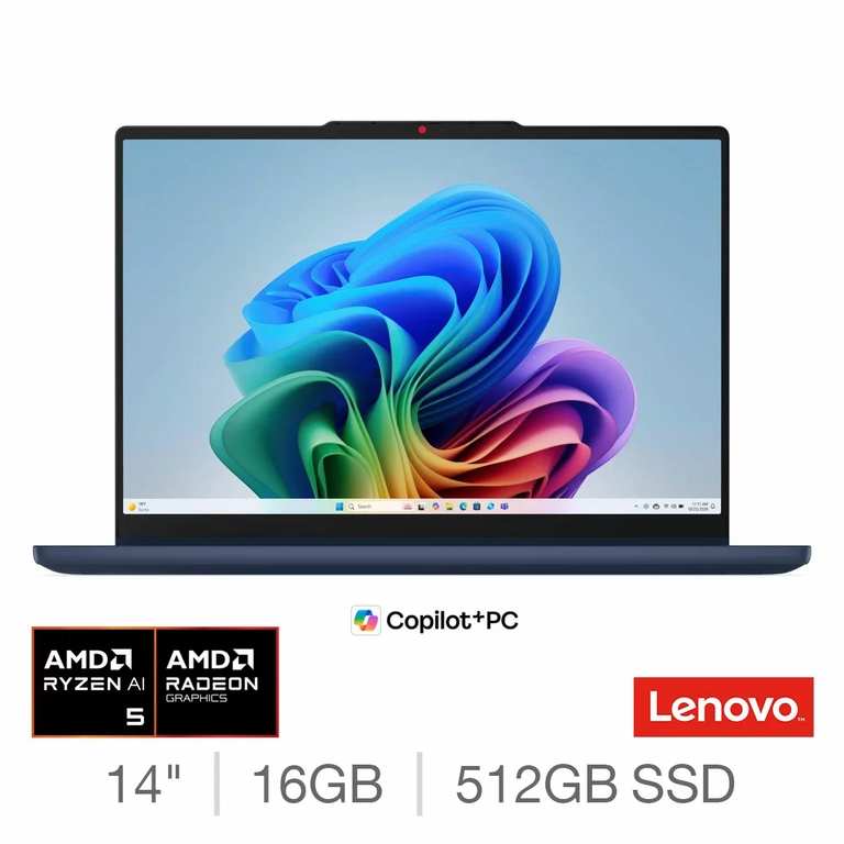 Lenovo IdeaPad 5 14AGP11 Copilot+ PC, AMD Ryzen 5 AI, 16GB RAM, 512GB SSD, 14 Inch Convertible 2 in 1 Laptop, 83UH000UUK At Checkout
