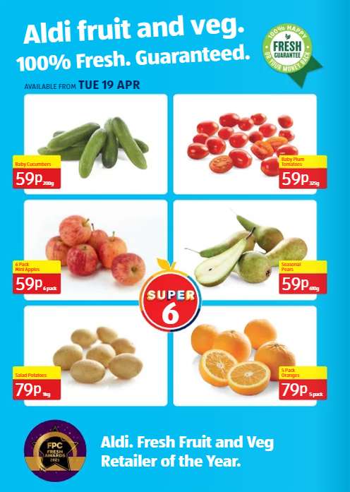 ALDI Super 6 from 19th April - Baby Cucumbers, Baby Plum Tomatoes,Mini Apples, Pears, Salad Potatoes, Oranges @ Aldi