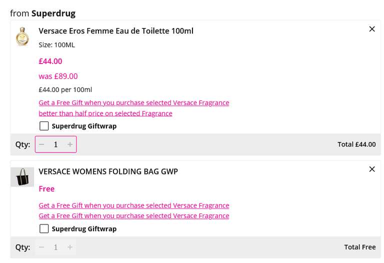 Versace Eros Femme Eau de Toilette 100ml + Free Versace Womens Folding Bag GWP (Members Price) + Free Click & Collect