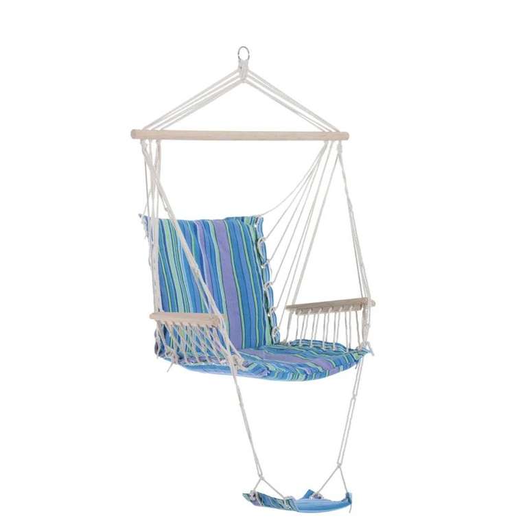 Hanging Rope Chair with Padded Seat, Backrest, Armrest and Footrest - Blue