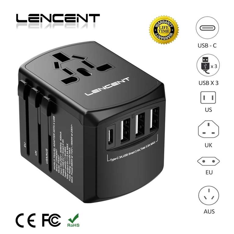 Lencent Universal Travel Adapter 3 USB/1 USB-C - £3.89 @ AliExpress / 	Factory Direct Collected
