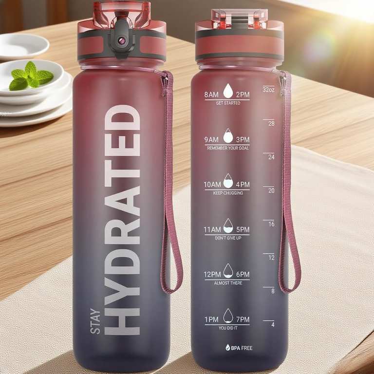 32 oz Water Bottle with Time Marker, Motivational Ombre Design and Leakproof, BPA Free, [discount at checkout] @ Amazon Haul Global