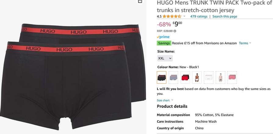 Hugo 2 Pack logo-waistband trunks in stretch cotton (XS/XXL Only) Black