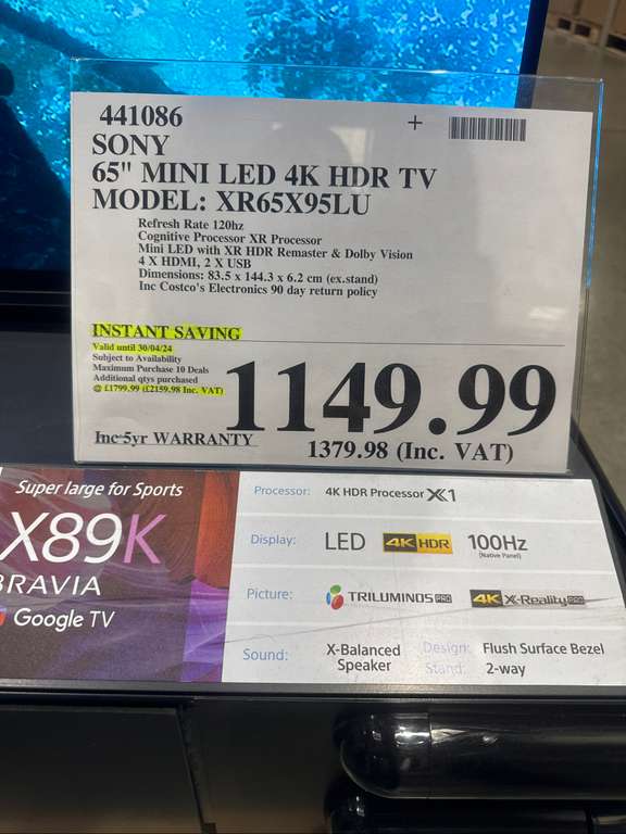 Sony XR65X95LU 65 Inch Mini Led Smart HDR Google TV