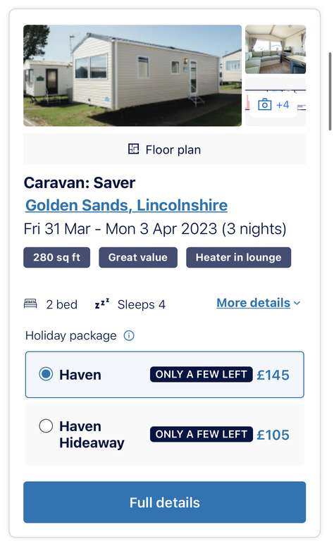 Haven Last Minute School Easter Holiday stays 31/03/-03/04,3 nights 4 people Golden Sands £105 and more below @ Haven