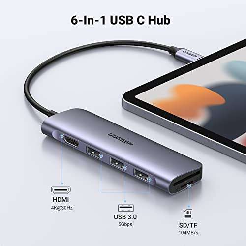 UGREEN USB C Hub Multiport Adapter, 6-in-1 USB C to HDMI w/ 4K HDMI, USB 3.0 Data Port, SD/TF Card Slot - £18.74 sold by Ugreen / FB Amazon