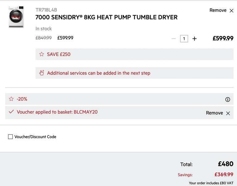 TR718L4B 7000 SensiDry A Rated 8kg Heat Pump Tumble Dryer £480 delivered with code @ AEG