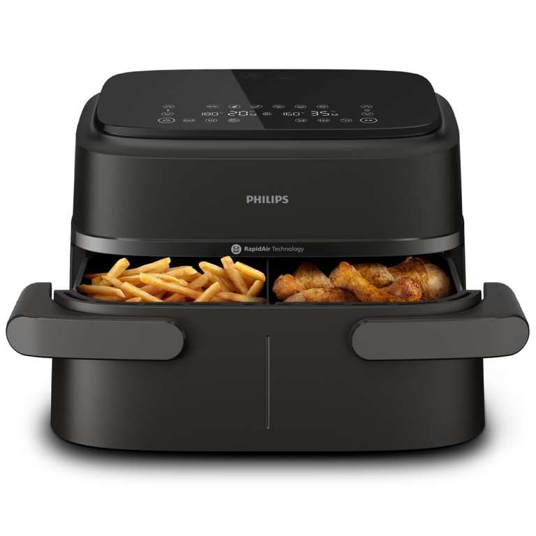 Philips Air Fryer 1000 Series Dual Basket 7.1L, 2x3.5L or Mega Basket, 10 Cooking Functions, 90% Less Fat, NA154/09