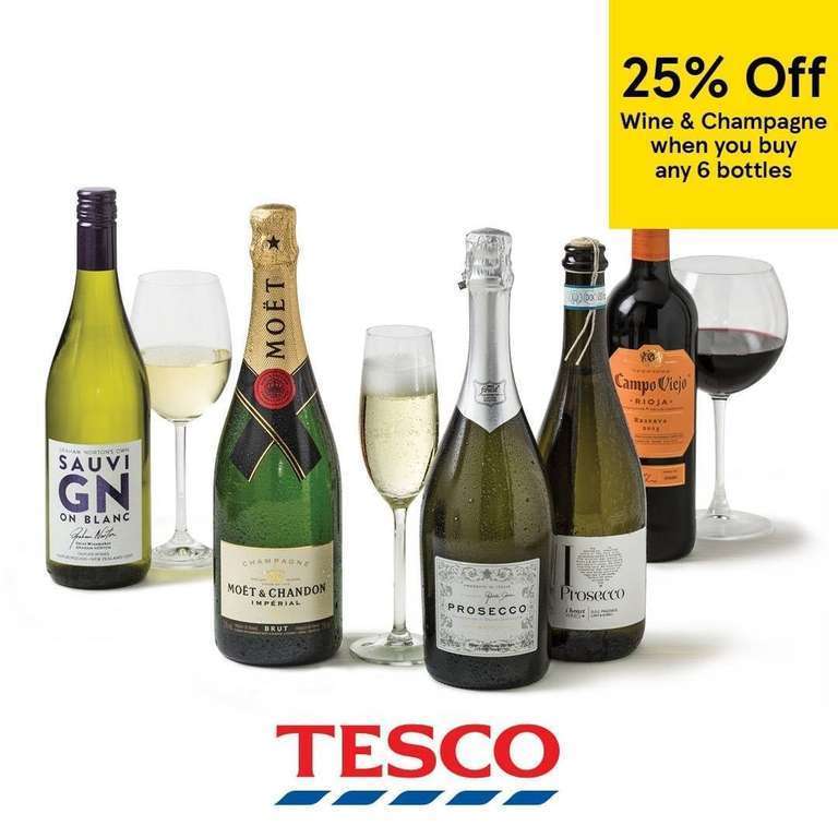 25% off 6 or More Bottles of Wine at Tesco (£5.50 minimum per bottle)