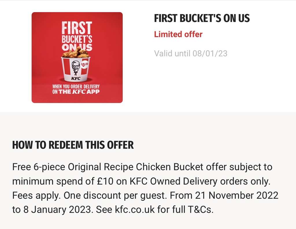 Free 6-Piece Original Recipe Chicken Bucket with minimum £10 order (Delivery Only) via App @ KFC | hotukdeals