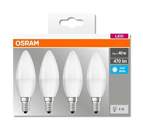 4x Osram LED E14 candle shape light bulbs, not dimable, replacement for 40W, Cool White 4000K, Matt £4.94 (£4.69 Sub&save) @ Amazon