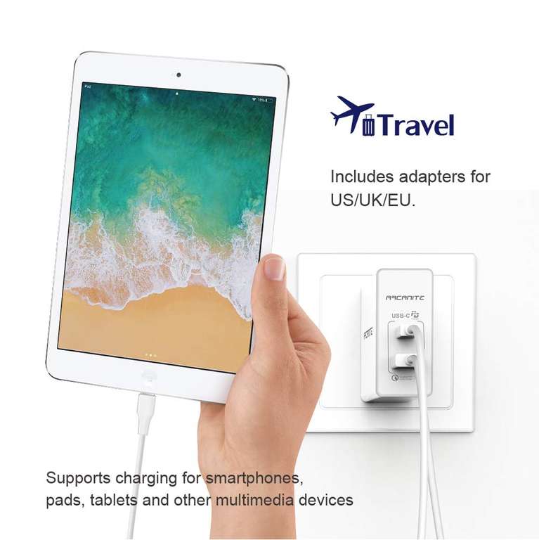 ARCANITE Premium USB Wall Charger, USB-C PD 3.0/QC4+ PPS (30W), SFC and USB-A QC 3.0(18W), for US/UK/EU