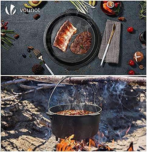 VOUNOT Dutch Oven 4.25 Ltrs, Pre-Seasoned Cast Iron Pot & Carry Bag, Feet, Lid Lifter, Spiral Handle & Thermometer Slot - £27.50 @ Amazon