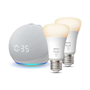 Echo Dot (4th generation) with clock, Glacier White + Philips Hue White Smart Light Bulb Twin Pack LED (E27) £39.99 @ Amazon