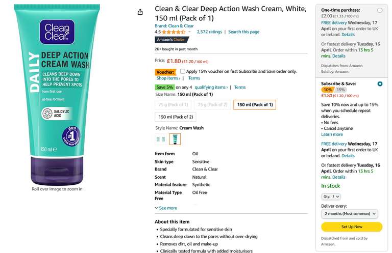 Clean & Clear Deep Action Wash Cream, White, 150ml (£1.80/£1.70 with S&S) + 15% off 1st S&S