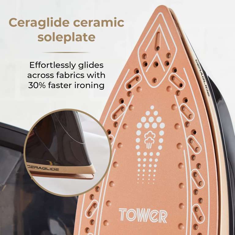 Tower T22023GLD Ceraglide Steam Generator Iron with Steam Shot Button, 3 Temperature Settings, 1.2L, 2700 W, Champagne Gold and Black