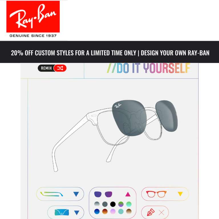 20% off On Custom Products (No Code Needed) + Free Shipping - @ Ray Ban