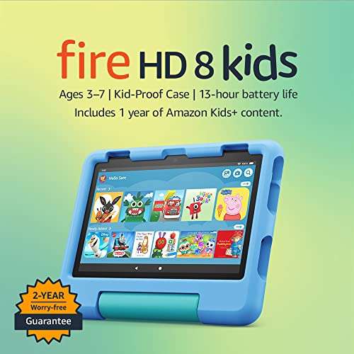 Amazon Fire HD 8 Kids tablet | 8-inch HD display, ages 3–7, includes 2-year worry-free guarantee, Kid-Proof Case, 32 GB