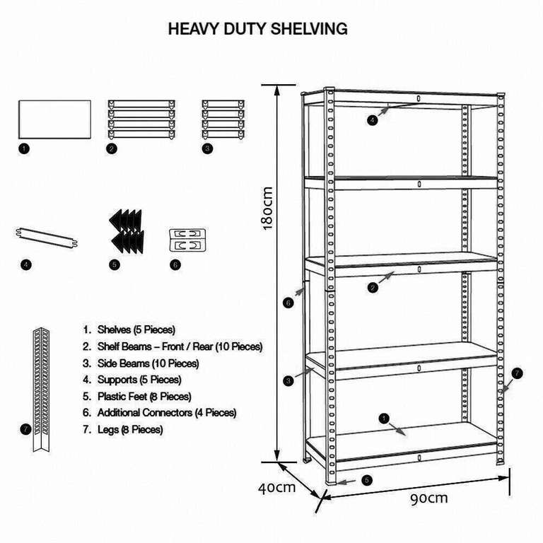 Heavy Duty 5 Tier Garage Storage Shelving Racking Shelf Unit with Galvanised Steel Frame - 180cmx90cmx40cm - Sold by Muttons Country Store